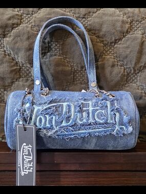 NWT Von Dutch Y2K Blue Denim Barrel Bag Purse